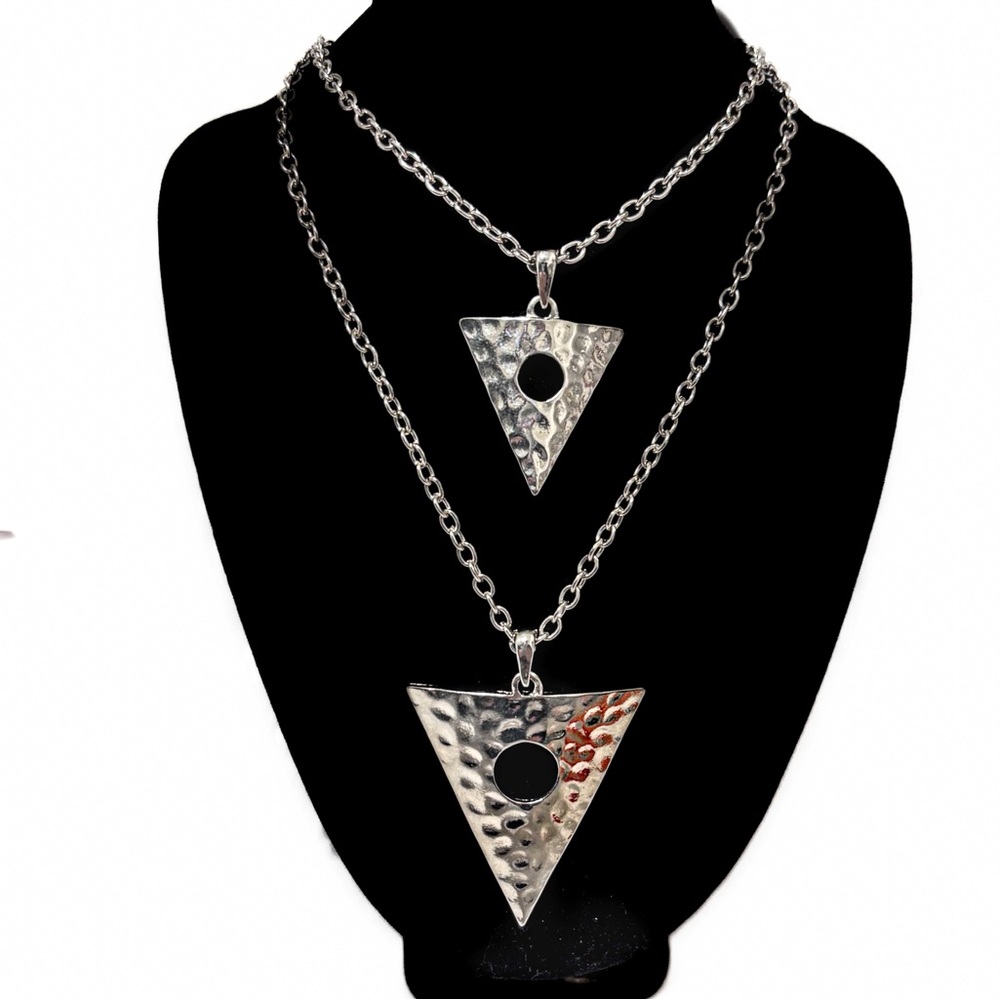 NEW - Carmen Silver Hammered Triangle Duo Layered Pendant Necklace 30" + Ext